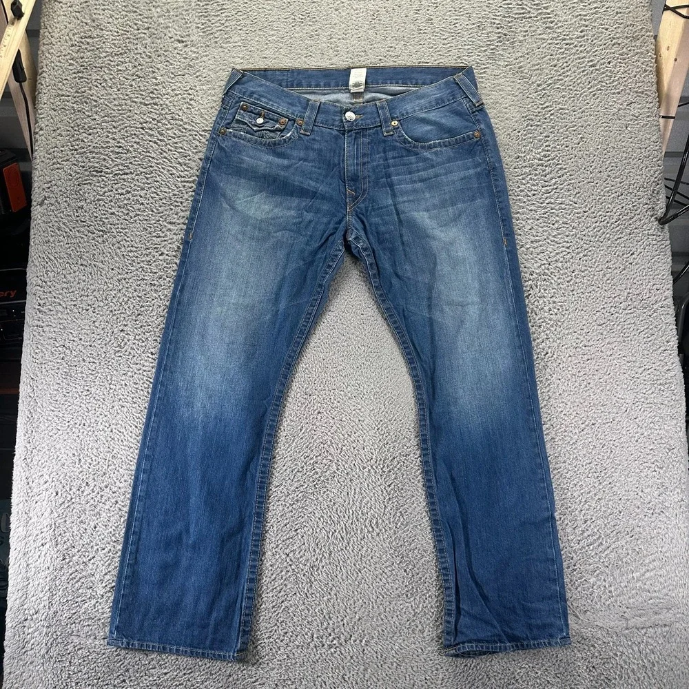 Vintage True Religion Jeans Mens 38x34 Blue Cotton Denim Straight Faded Workwear